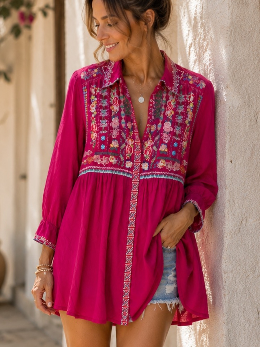 Johnny Was Vanessa Embroidered Tunic Blouse NWOT Boho Peasant Top Small
